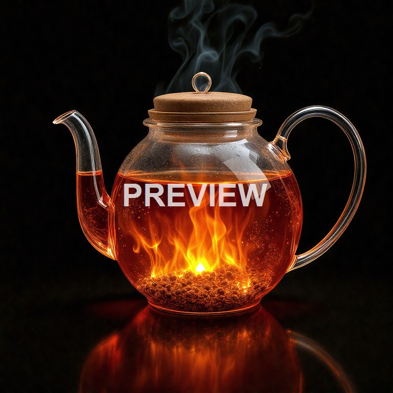 A glass teapot with a wooden lid containing hot tea, with visible steam rising from it, set against a black background.
